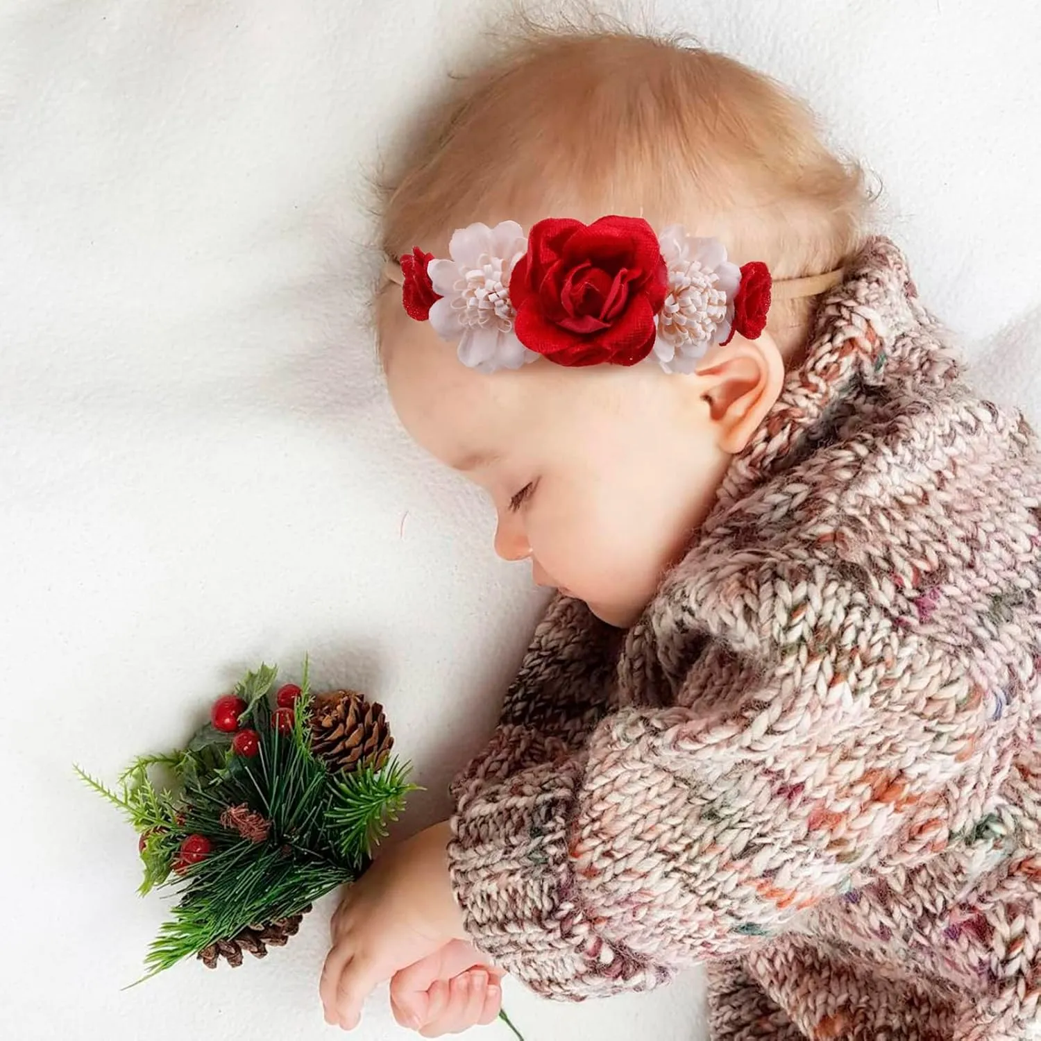 cherrboll 3pcs Baby Girl Flower Headbands, Super Soft & Stretchy Red Floral Hairbands for Newborn Toddler Christmas