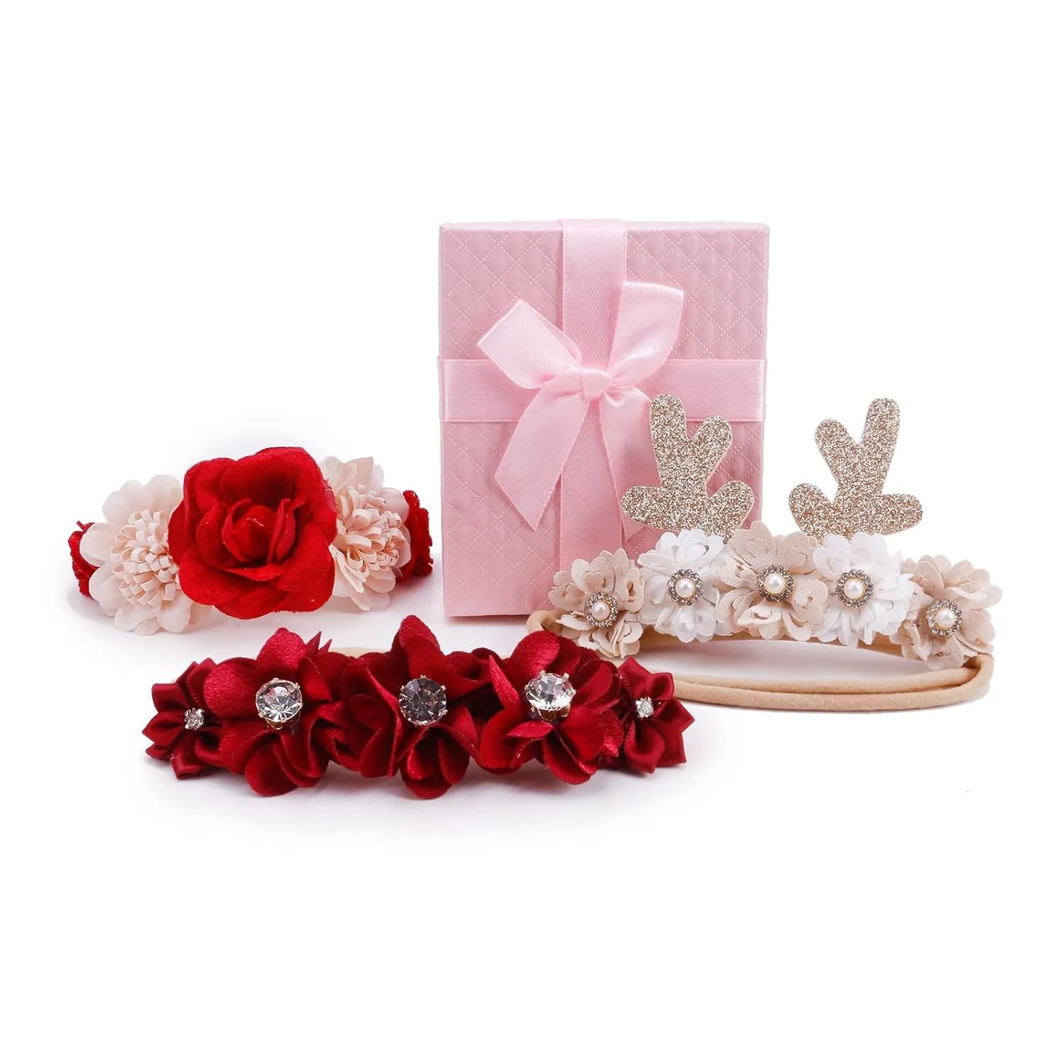 cherrboll 3pcs Baby Girl Flower Headbands, Super Soft & Stretchy Red Floral Hairbands for Newborn Toddler Christmas