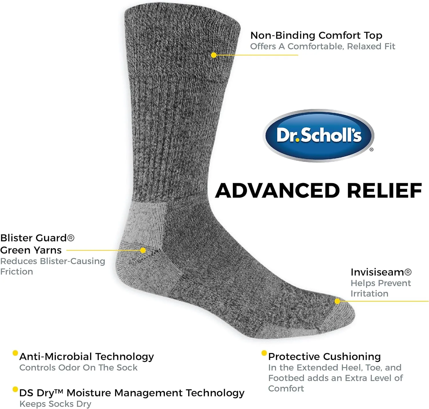 Dr. Scholl's Men's Advanced Relief Blisterguard Socks-2 & 3 Pair Packs-Non-Binding Cushioned Comfort