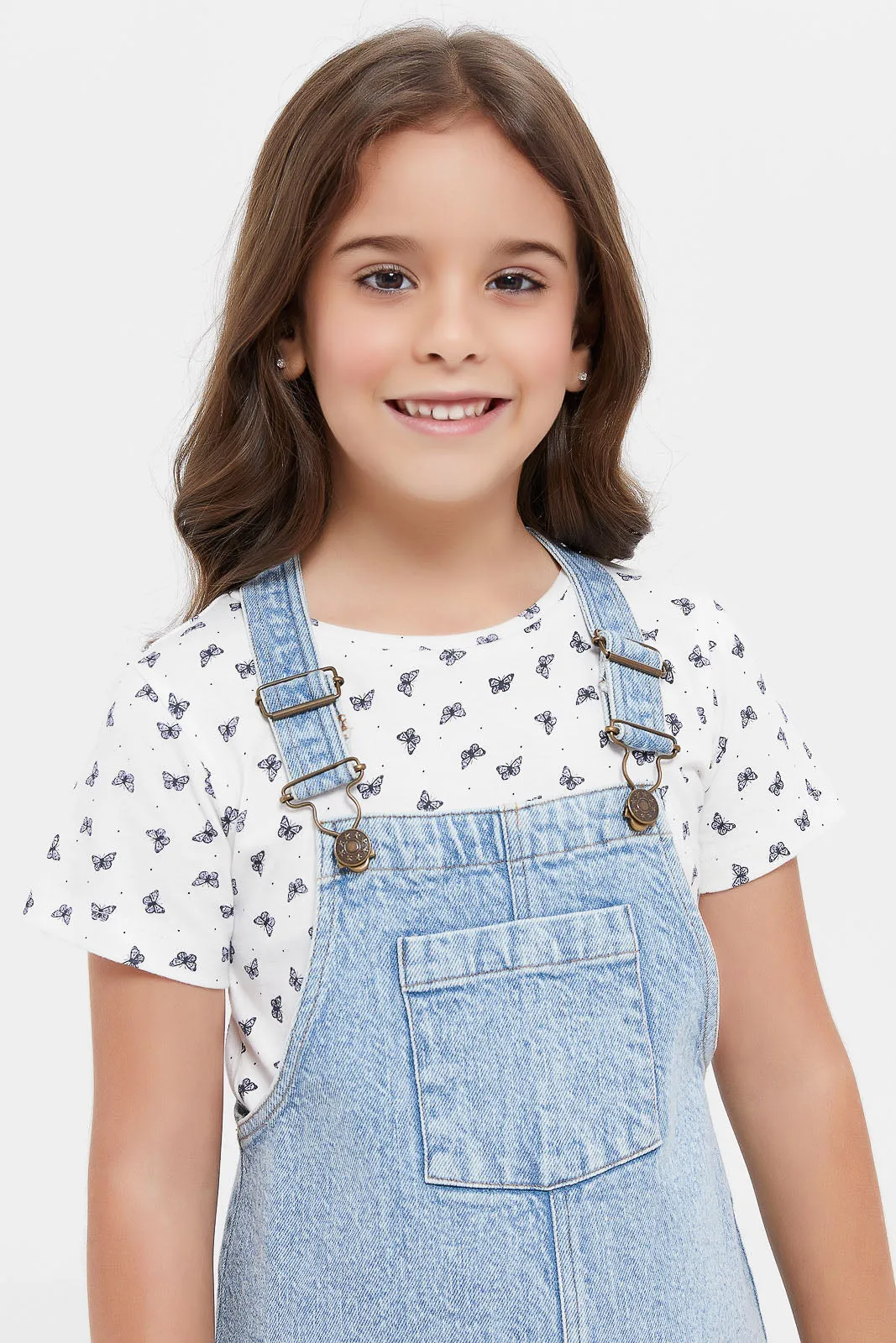 Girls Blue Denim Pinafore Set (2 Piece)