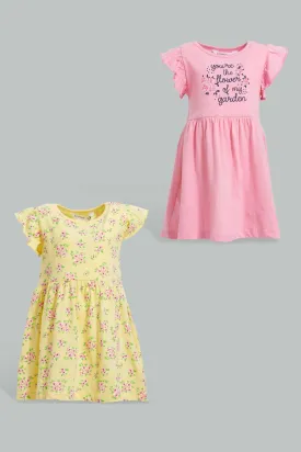 Pink And Yellow Floral Dress For Baby Girls (2 Piece)