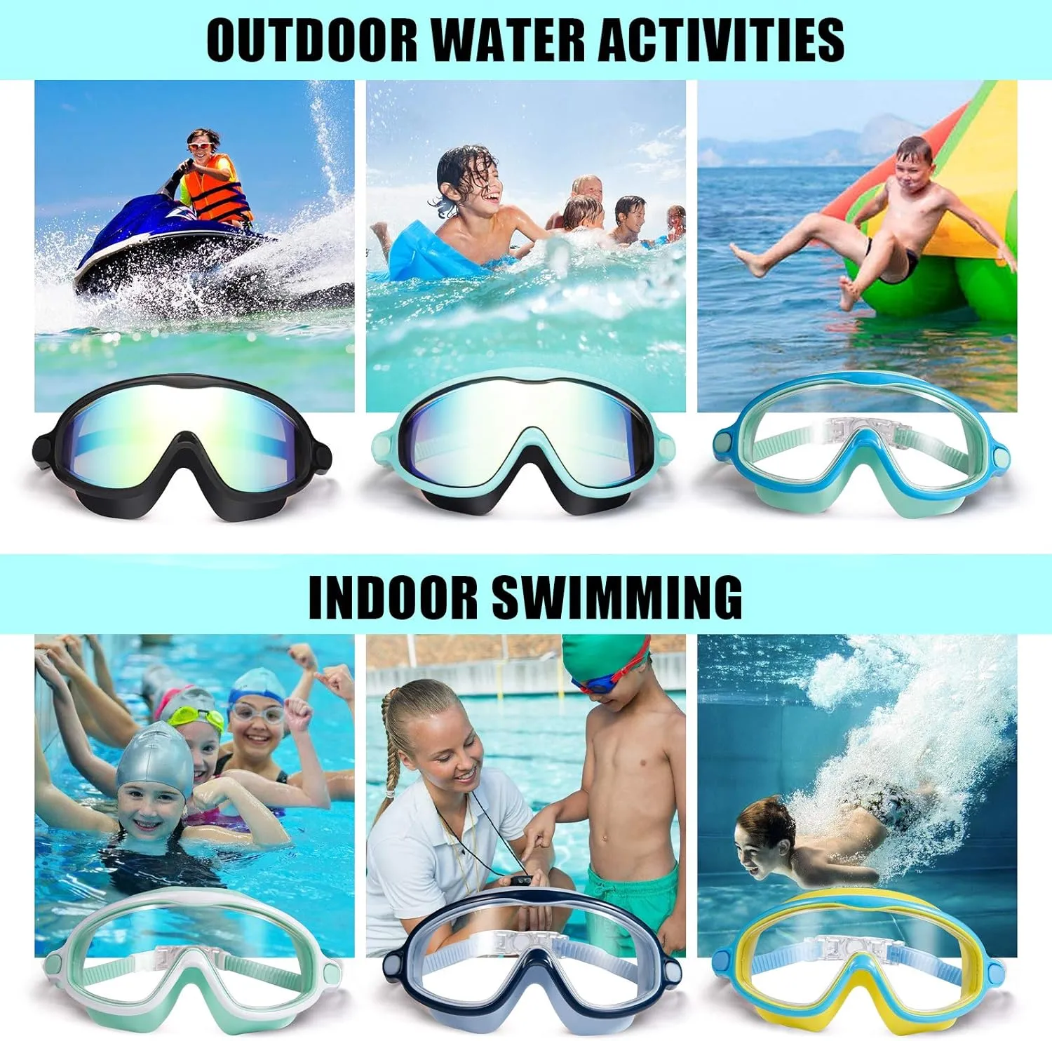 Seago Swim Goggles 2 Pack Anti-Fog Anti-UV Wide View Swimming Goggles for Kids 3-15