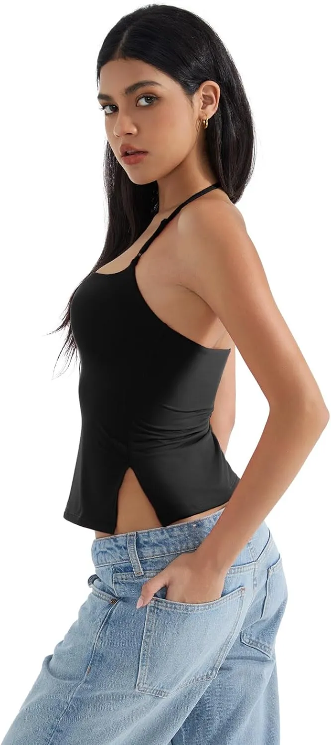 SUUKSESS Women Halter Double Lined Tank Top Backless Going Out Camisole Crop Top