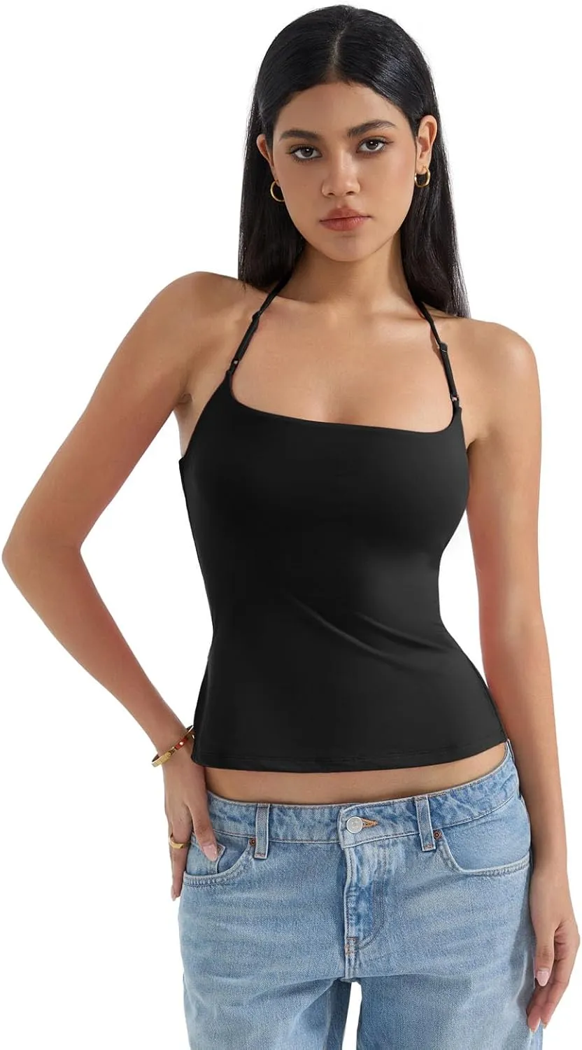 SUUKSESS Women Halter Double Lined Tank Top Backless Going Out Camisole Crop Top