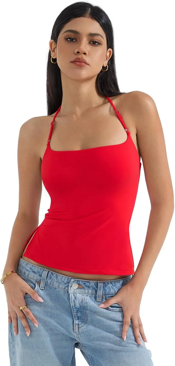 SUUKSESS Women Halter Double Lined Tank Top Backless Going Out Camisole Crop Top