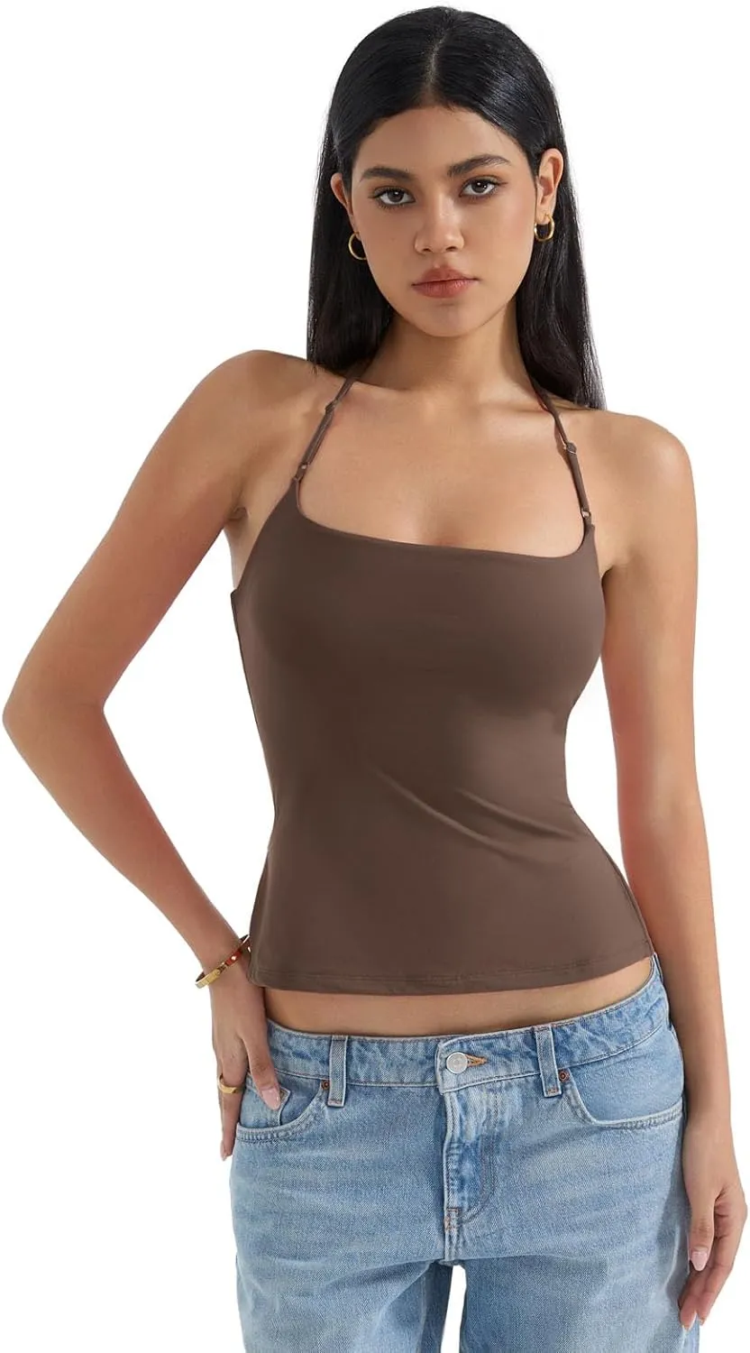 SUUKSESS Women Halter Double Lined Tank Top Backless Going Out Camisole Crop Top