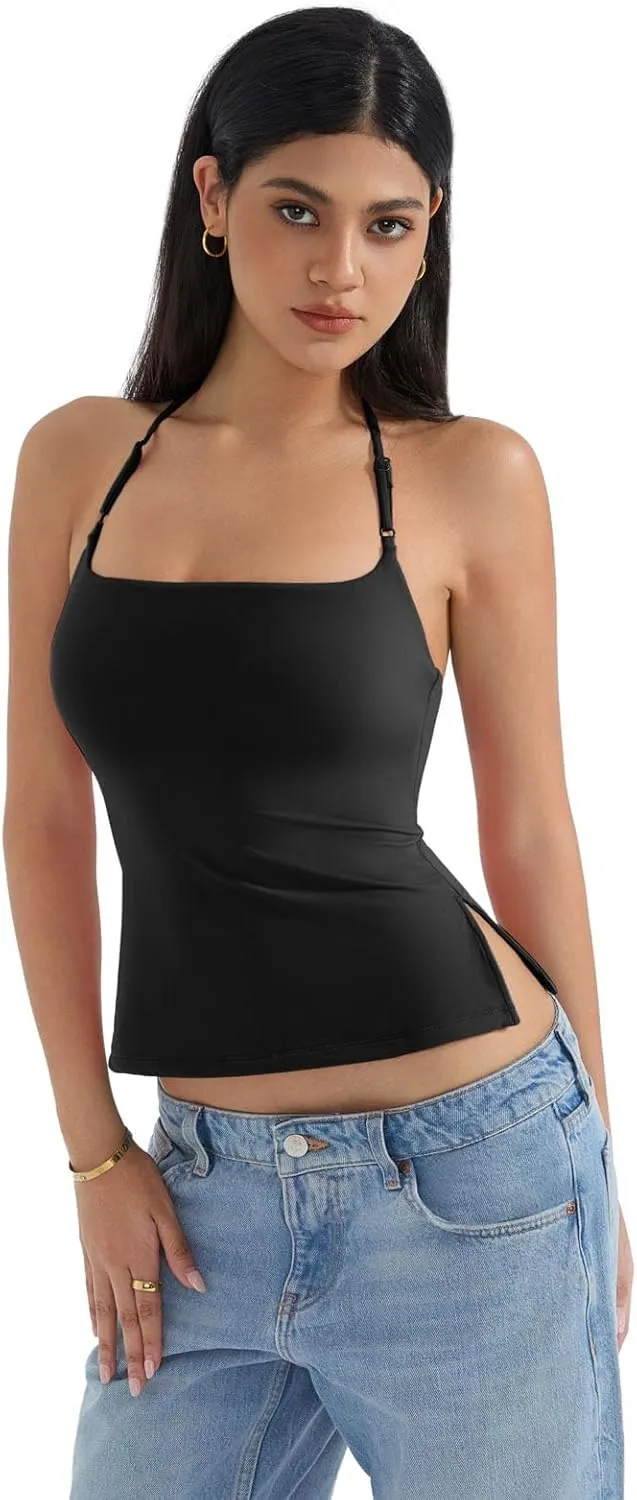 SUUKSESS Women Halter Double Lined Tank Top Backless Going Out Camisole Crop Top