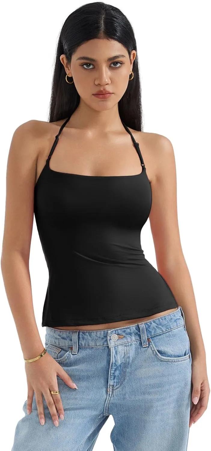 SUUKSESS Women Halter Double Lined Tank Top Backless Going Out Camisole Crop Top
