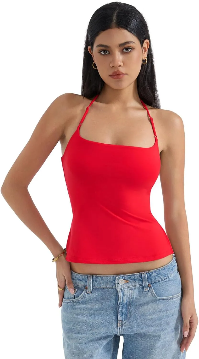 SUUKSESS Women Halter Double Lined Tank Top Backless Going Out Camisole Crop Top