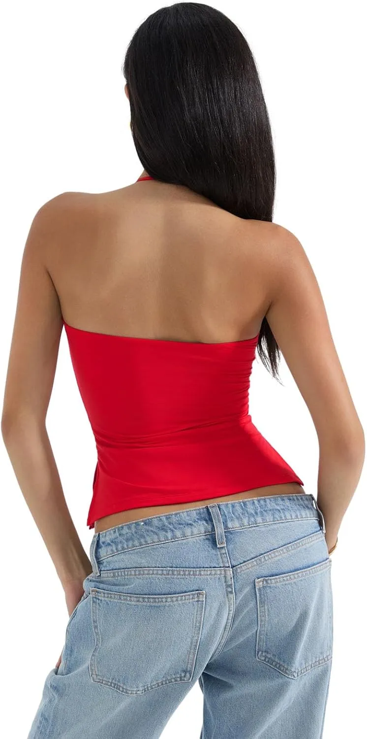 SUUKSESS Women Halter Double Lined Tank Top Backless Going Out Camisole Crop Top