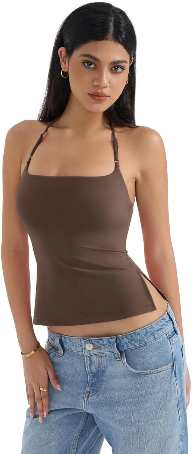 SUUKSESS Women Halter Double Lined Tank Top Backless Going Out Camisole Crop Top