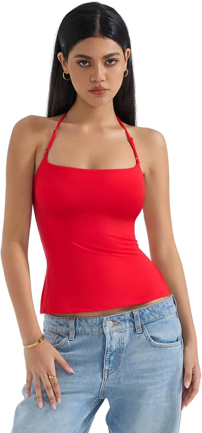 SUUKSESS Women Halter Double Lined Tank Top Backless Going Out Camisole Crop Top